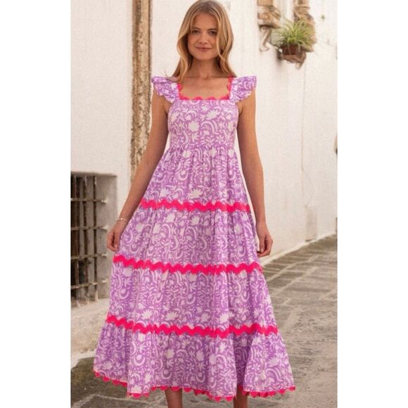 Pink City Prints Dresses & Skirts - Pink City Prints Xanthe Dress Medium NWT Lilac Begonia Print Ruffle Rickrack